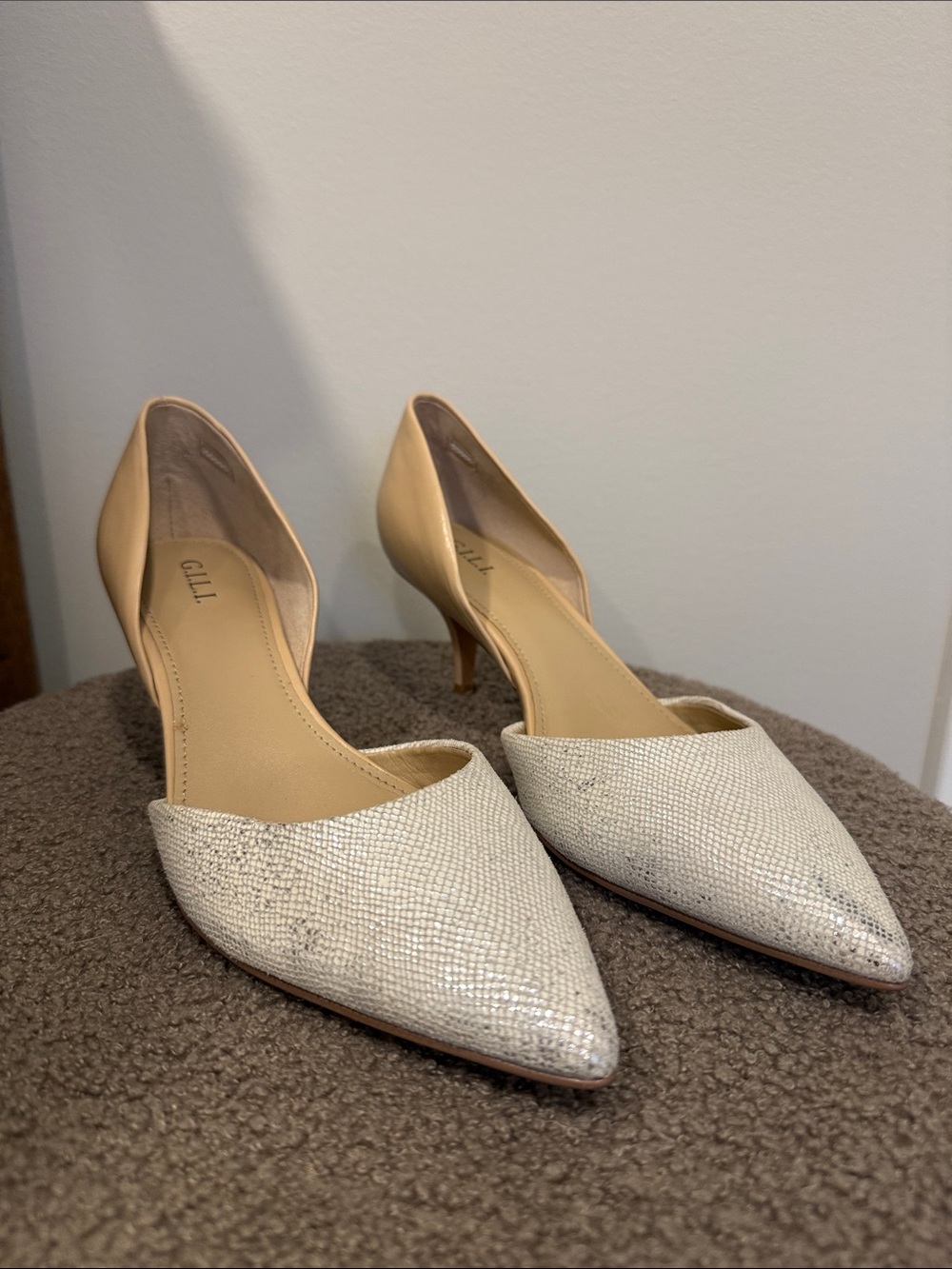 Gilli Pointed D'Orsay Heels in Cream and Tan